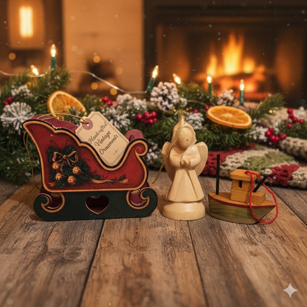 Wooden Christmas Ornaments Sleigh Angel Boat Nativity Set‎ Lot